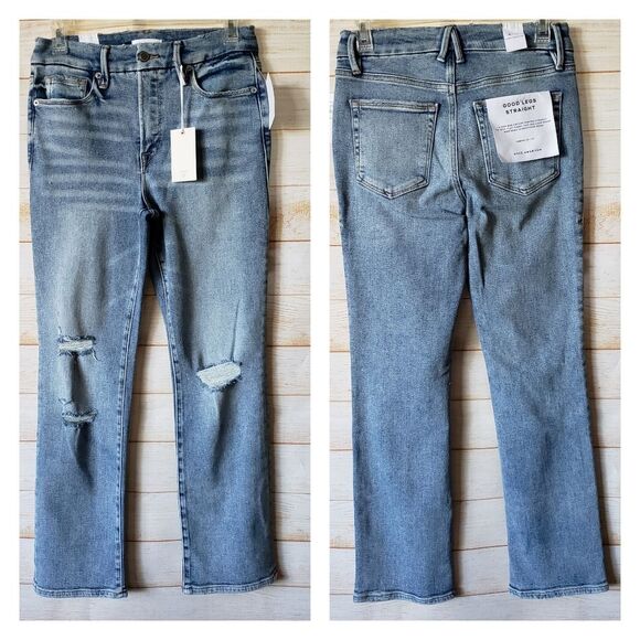 Good American Good Legs Straight Cotton Distressed Denim Jeans Women's Size 6/28 - Picture 1 of 9